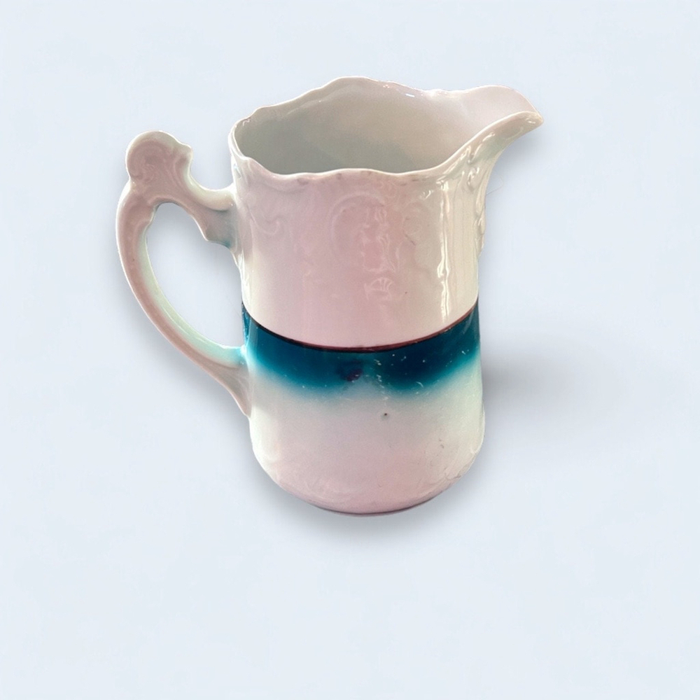 Shabby Chic Floral Pitcher White and Teal Vintage Pitcher Otnate Antique Pitcher - Picture 5 of 10